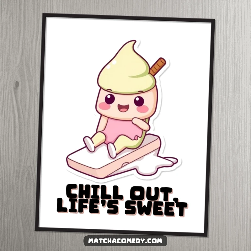 Funny Free Printable Wall Art: Kawaii matcha ice cream character doing a happy slide, adding a touch of sweet fun to your decor.