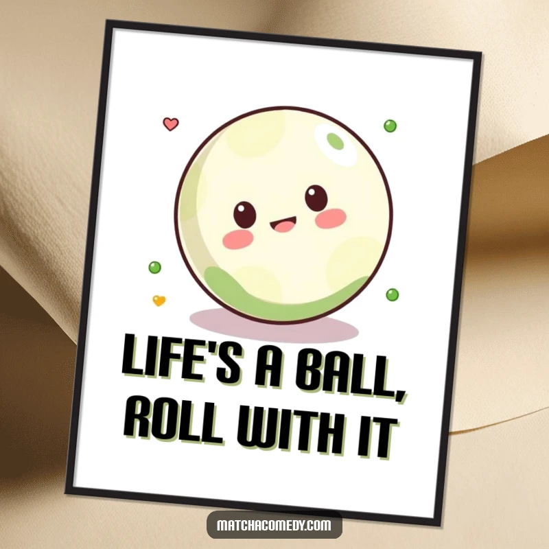 Funny Free Printable Wall Art: Adorable Kawaii matcha ball in a dynamic rolling pose, radiating pure fun.