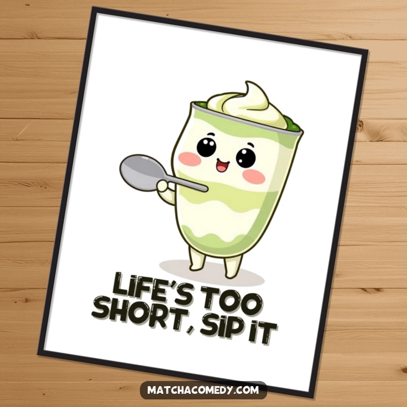 Funny Free Printable Wall Art showcasing a kawaii matcha latte character humorously attempting to balance a single spoon, dripping with personality.