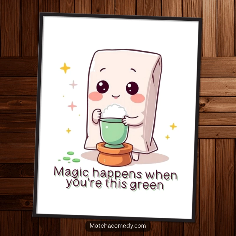 Funny Free Printable Wall Art: Adorable Kawaii matcha powder bag performing an impressive magic trick.