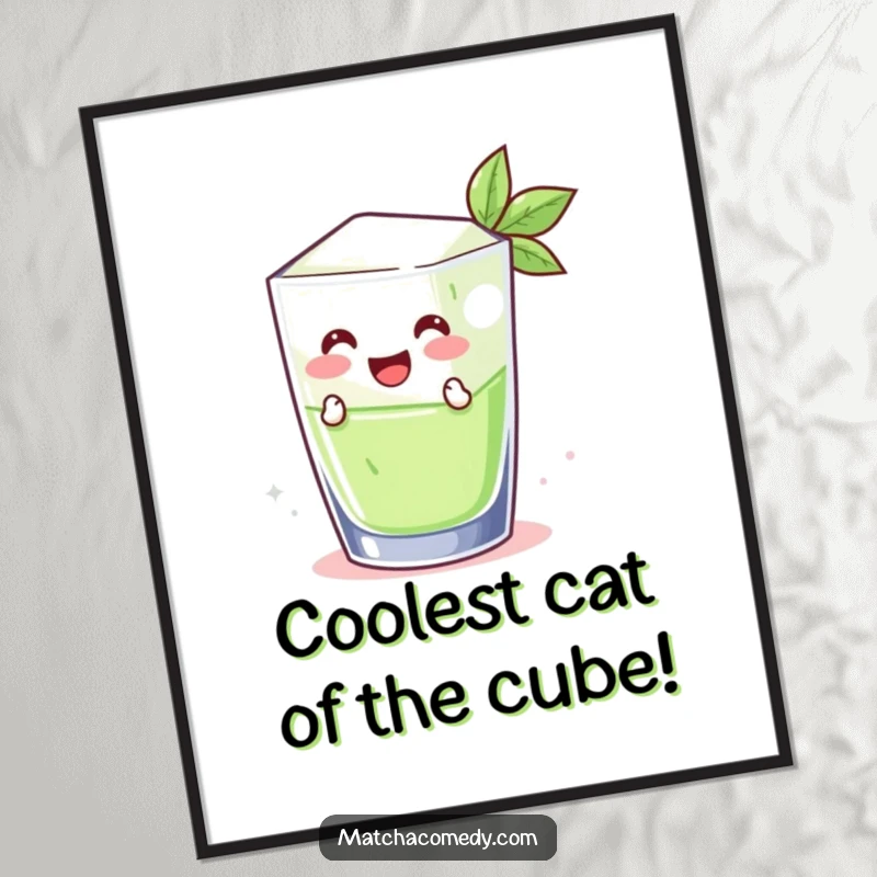 Funny free printable wall art: A smiling matcha ice cube mid-air, leaping triumphantly from a glass.