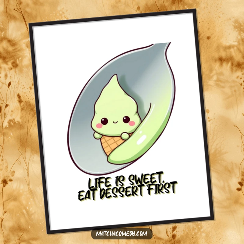 Funny Free Printable Wall Art: Shy kawaii matcha ice cream cone peeking from behind a spoon, adding sweet charm to any room.