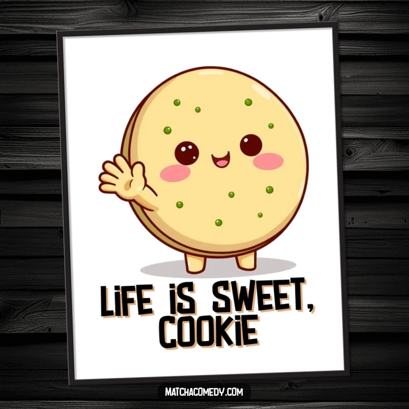 Funny Free Printable Wall Art: Kawaii matcha cookie character waves cheerfully, a delightful and sweet piece of decor.