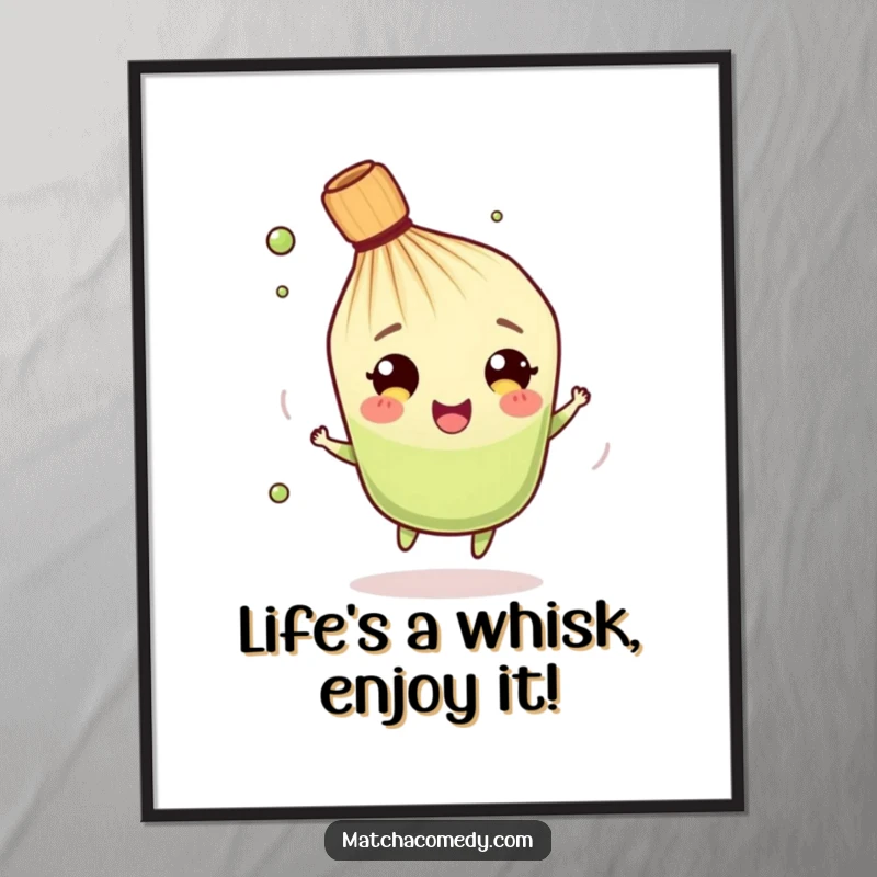 Funny Free Printable Wall Art: A delighted matcha whisk character captured mid-spin, bringing joy and whimsy to your room.