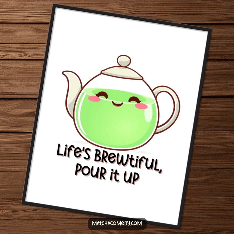 Funny Free Printable Wall Art: A smiling teapot cheerfully pouring green liquid, adding charm to any room.
