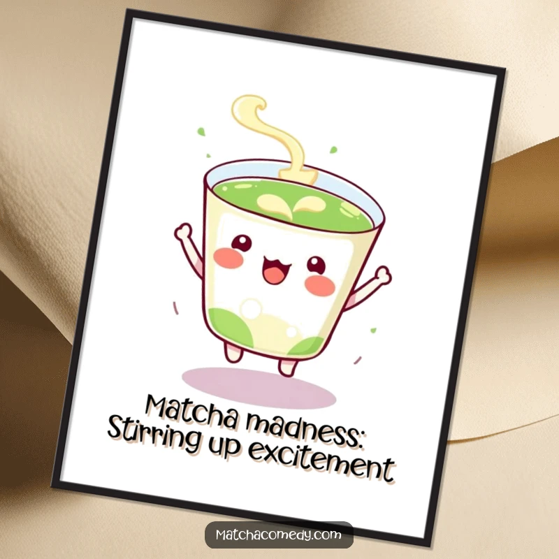 Funny Free Printable wall art of a kawaii matcha cup captured mid-bounce with sheer excitement, radiating happiness.