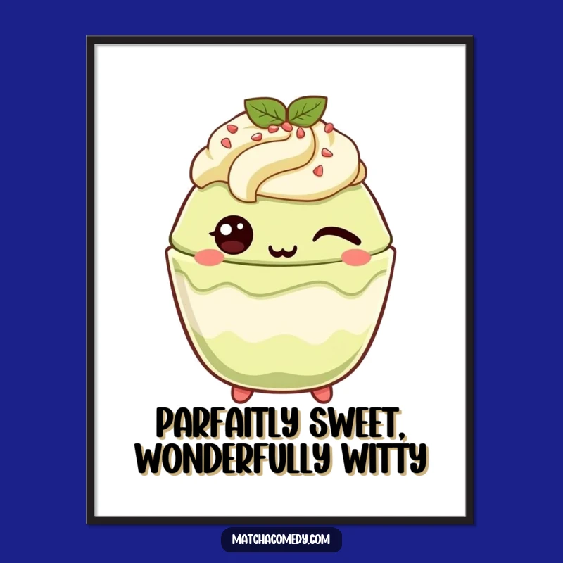 Funny Free Printable Wall Art: Winking Matcha Parfait Charm, Humorous Downloadable Decor