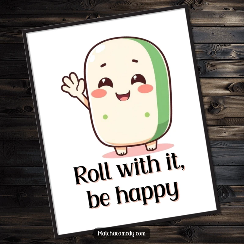 Funny Free Printable Wall Art: A delighted matcha roll character doing a funny, exaggerated silly wave, bringing cheer to walls.