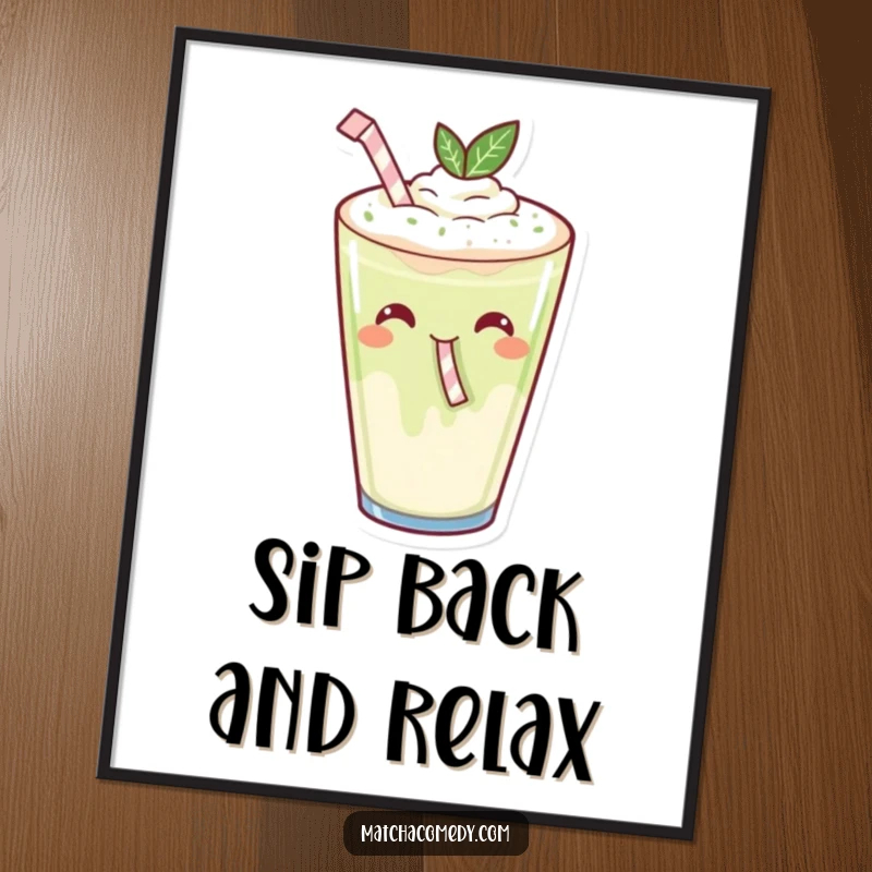Funny Free Printable Wall Art: A kawaii matcha latte with a tiny straw is captured mid-sip, radiating pure, happy glee.