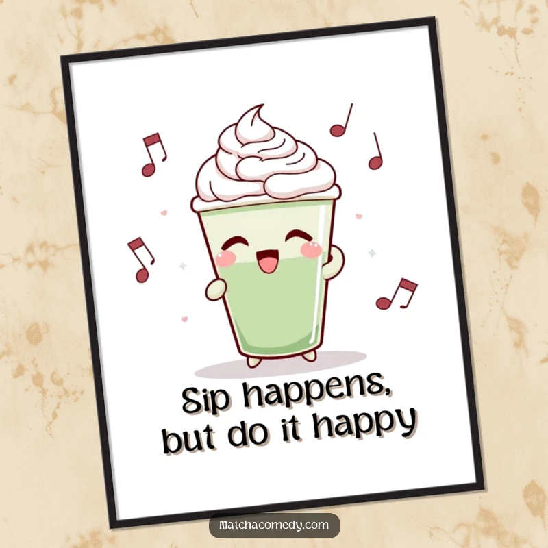 Funny Free Printable Wall Art: A matcha latte cup bopping rhythmically to unseen music, full of life.