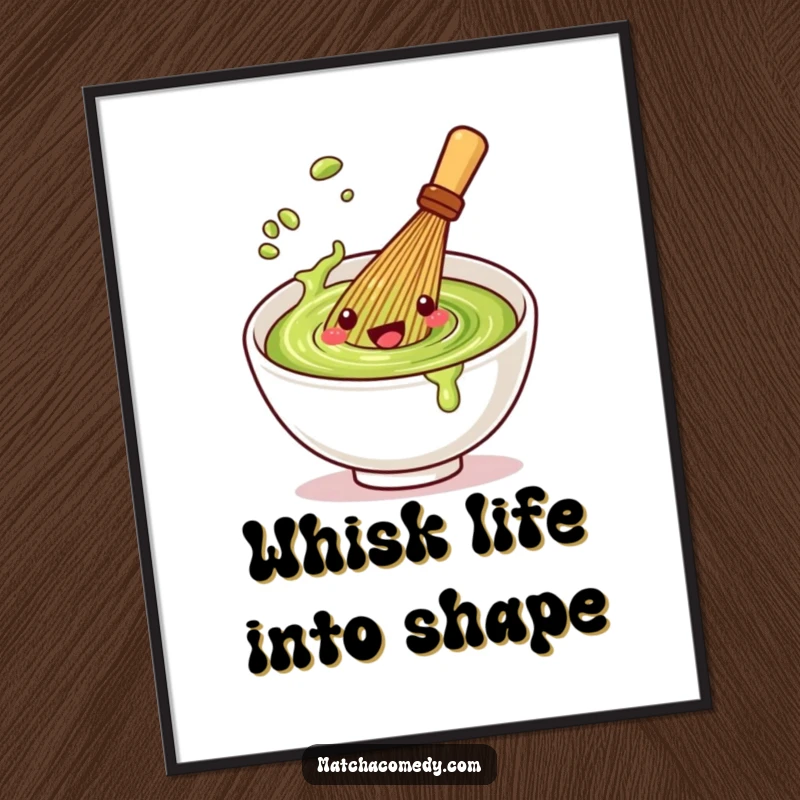 Funny Free Printable Wall Art: Kawaii matcha whisk character playfully spinning in a bowl, adding a dynamic and cute element to decor.