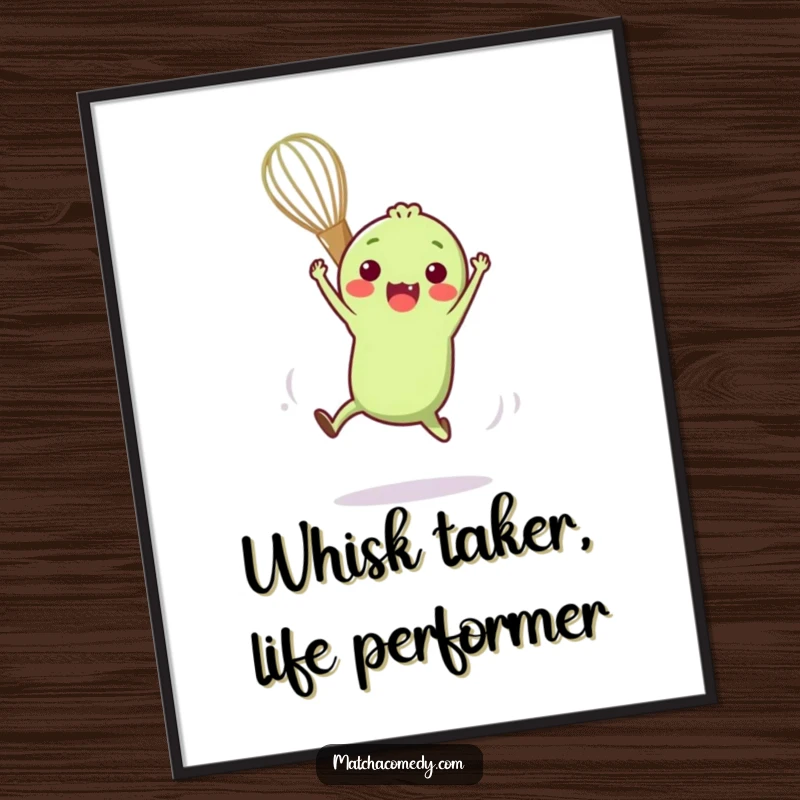 Funny Free Printable Wall Art: Small matcha whisk executing a funny acrobatic move, full of whimsical energy.