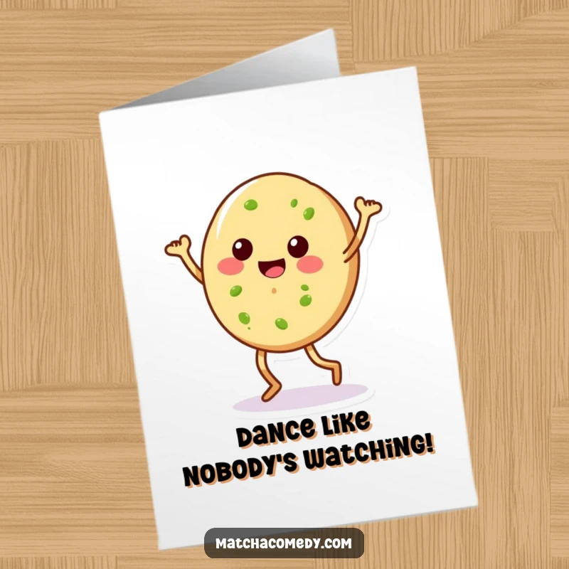 Funny free printable birthday card: A matcha cookie with legs performing a joyful, silly dance.