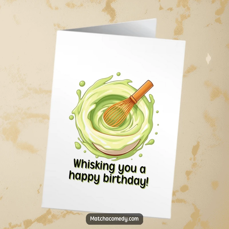 Funny Free Printable Birthday Card: Playful matcha whisk stirring a vibrant vortex symbolising pure joy and celebration.