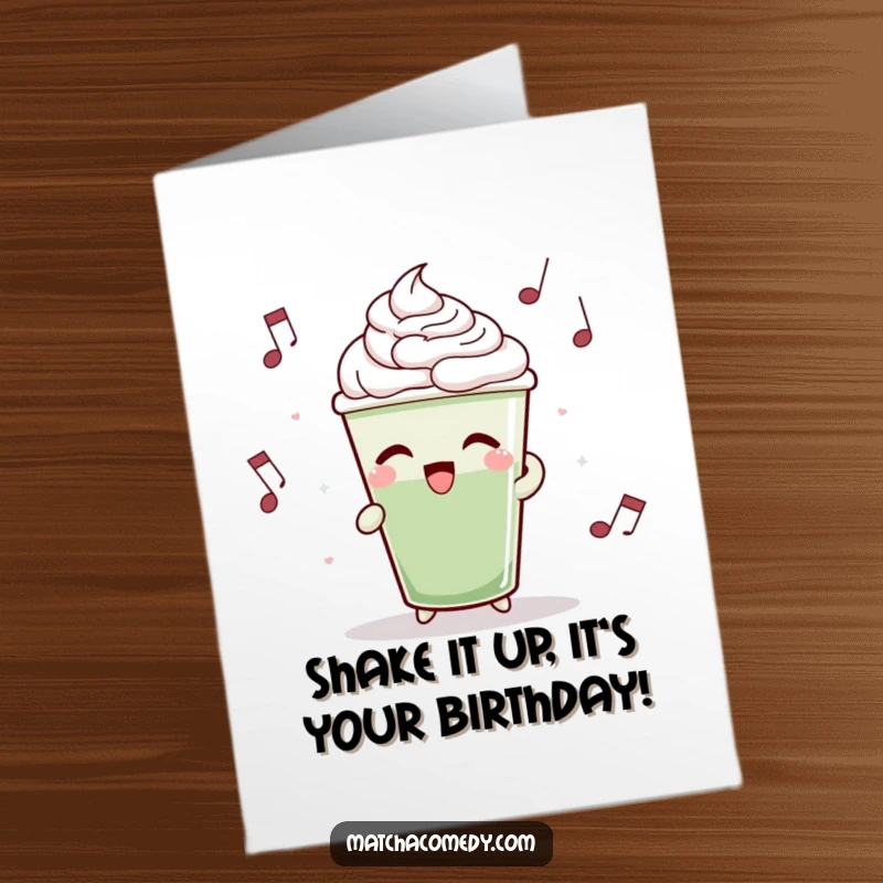 Funny Free Printable Birthday Card: A matcha latte cup bopping rhythmically to music, celebrating joyfully.