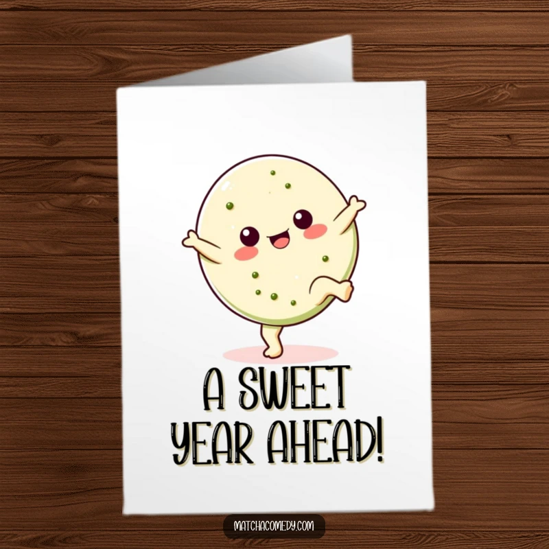 Funny Free Printable Birthday Card: A Kawaii matcha cookie in mid-cartwheel, celebrating with sweet, energetic joy.