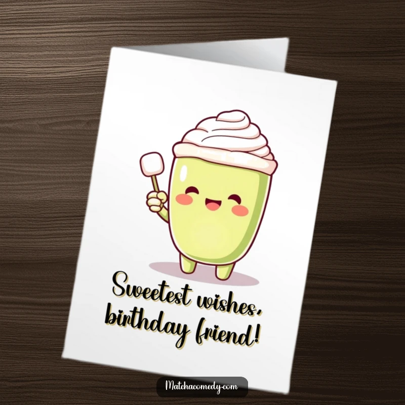 Funny free printable birthday card of a matcha latte character excitedly pointing at a magical floating sugar cube.