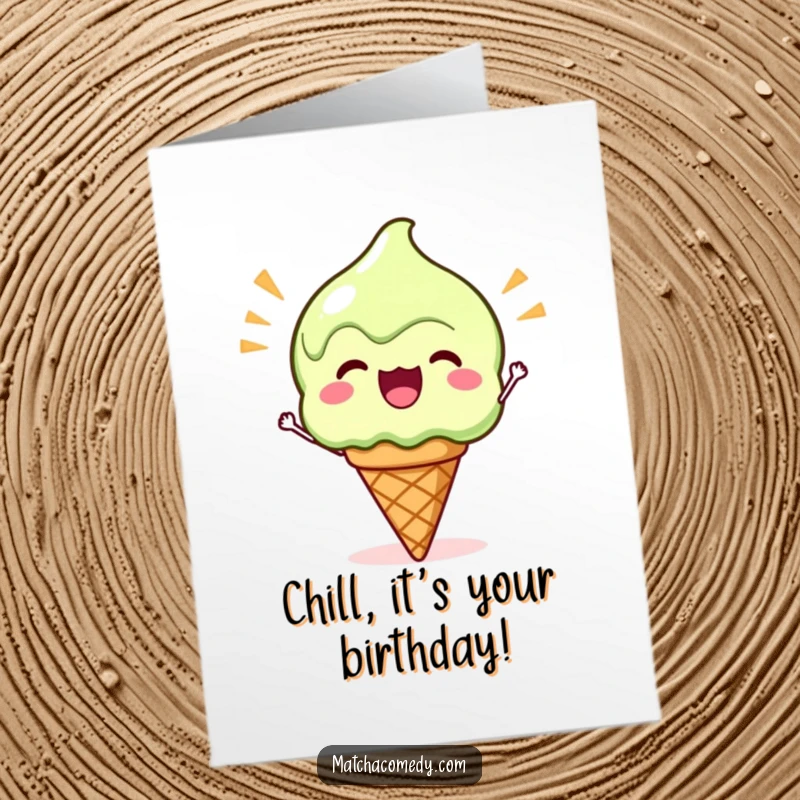 Funny Free Printable Birthday Card: A Kawaii matcha ice cream cone cheering wildly with a big smile and energetic pose.