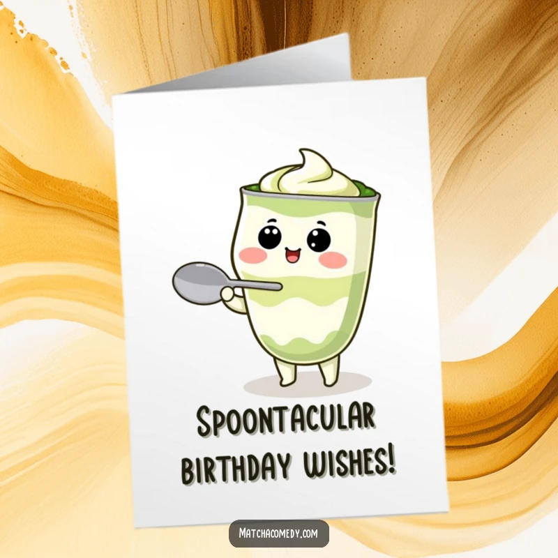 Funny Free Printable Birthday Card showing a kawaii matcha latte character wobbling precariously while trying to balance a spoon.