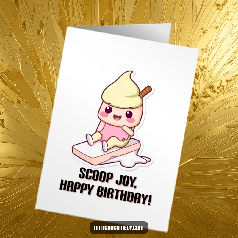 Funny Free Printable Birthday Card: Kawaii matcha ice cream character doing a happy slide, wishing a sweet and joyful birthday.