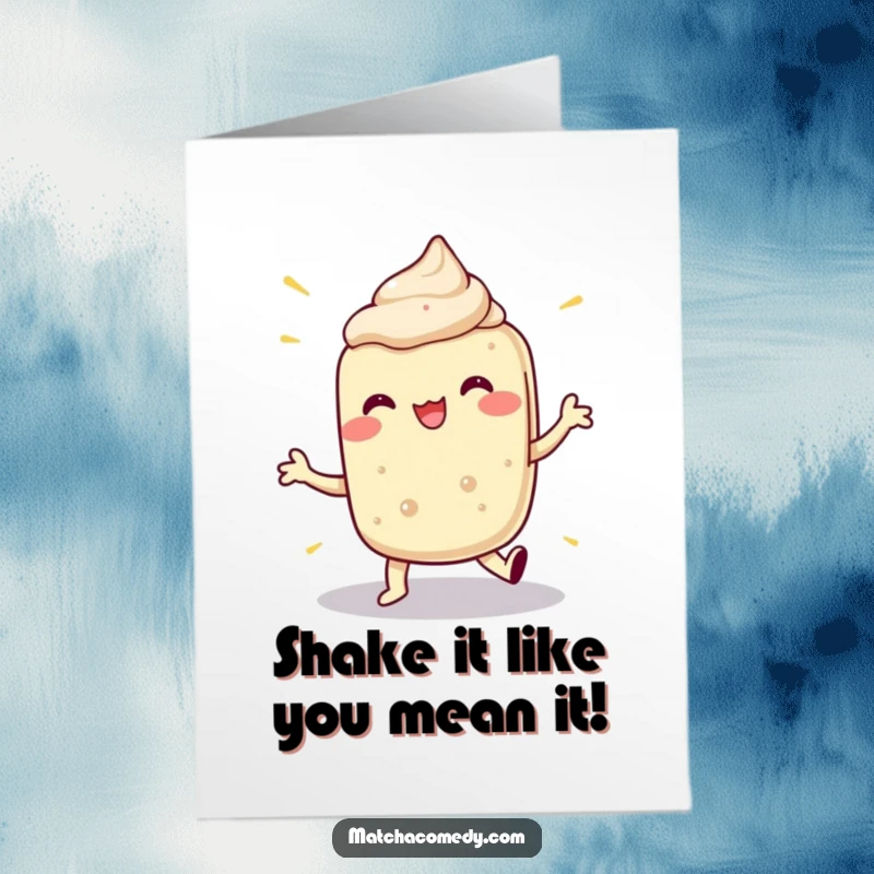 Funny free printable birthday card of a matcha dessert doing a wild, exaggerated dance with silly moves and a happy expression.