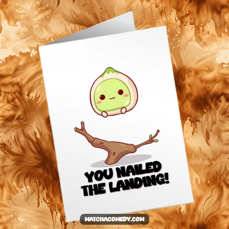 Funny Free Printable Congratulations Card: Matcha mochi teetering on a twig, looking like it's about to fall.