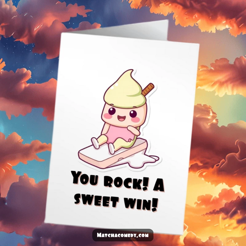 Funny Free Printable Congratulations Card: Kawaii matcha ice cream character doing a happy slide, celebrating success with cool vibes.