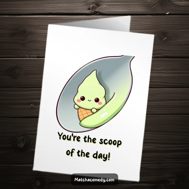Free Printable Congratulations Card: Shy kawaii matcha ice cream cone peeking from behind a spoon, perfect for any celebration.