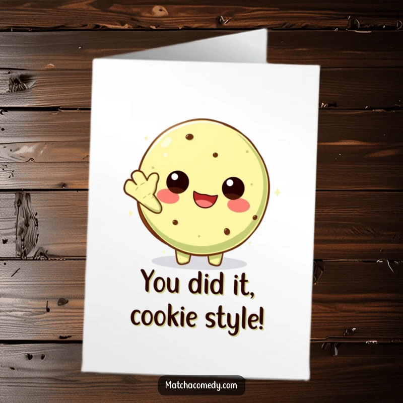 Funny Free Printable Congratulations Card with a cute Kawaii matcha cookie character sending a cheerful wave of well wishes.