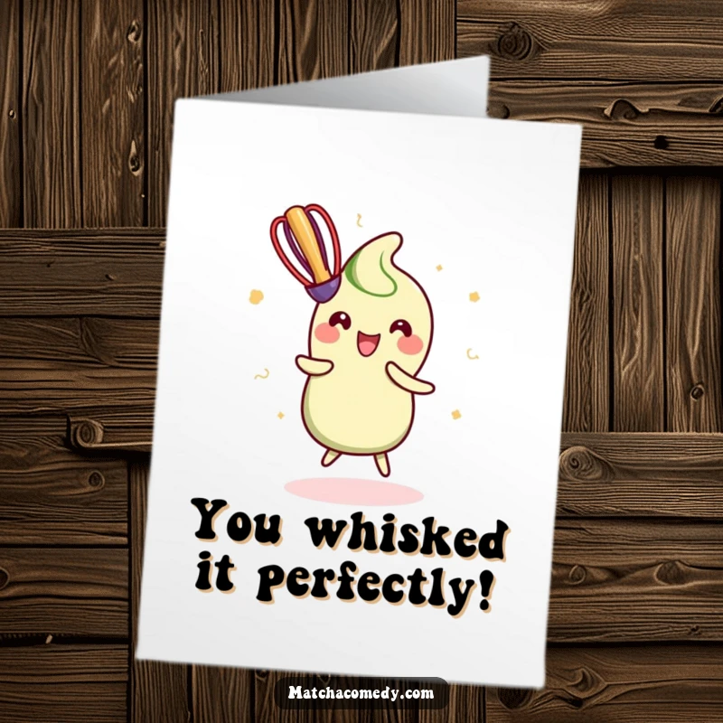 Free Printable congratulations card featuring a kawaii matcha whisk doing a spirited, happy dance, celebrating victory.