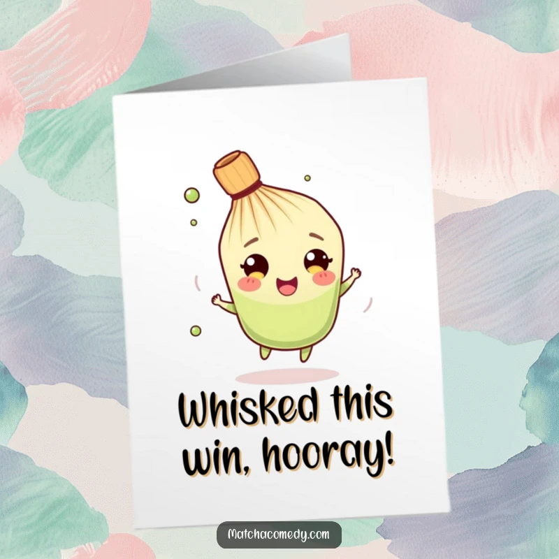 Funny Free Printable Congratulations Card: A joyful matcha whisk character doing a happy spin, celebrating your amazing news.