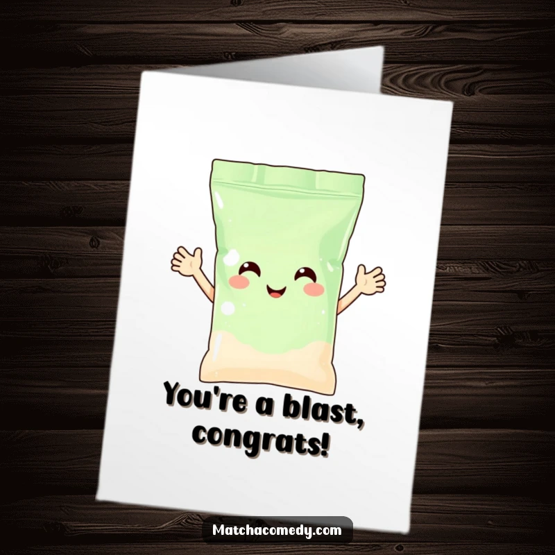 Funny free printable congratulations card: A happy matcha powder bag with arms giving a big, cheerful wave.