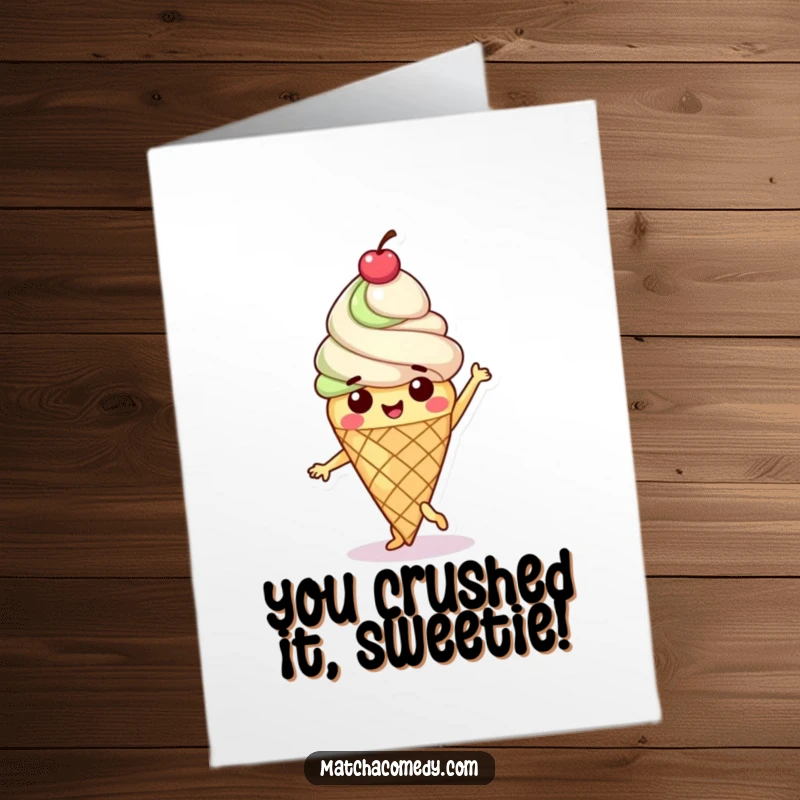 Funny Free Printable Congratulations Card: A matcha ice cream cone character doing a vibrant happy dance, topped with a cherry, celebrating success.