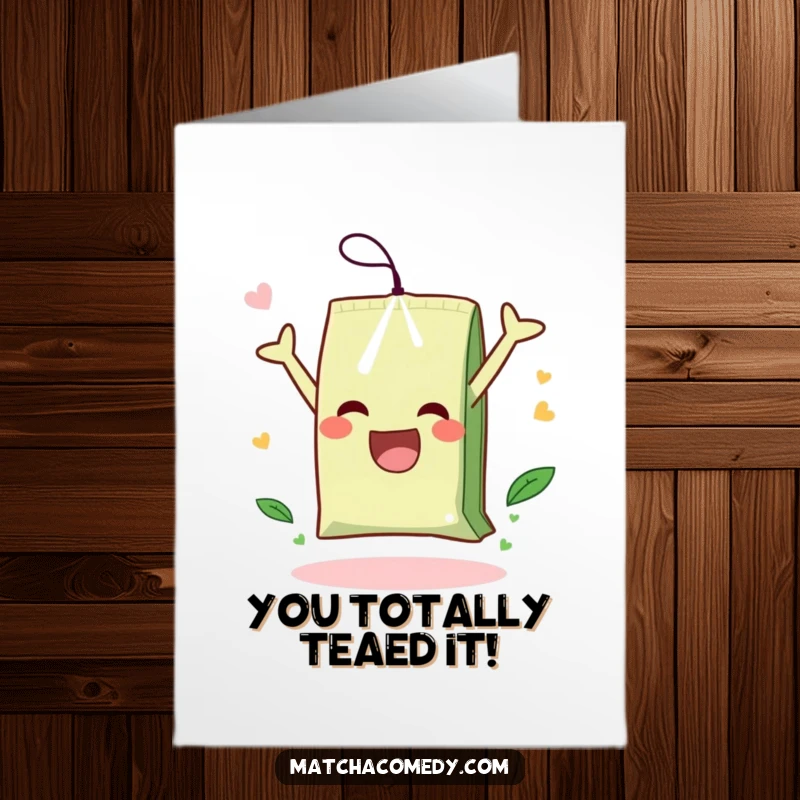 Funny Free Printable Congratulations Card: A happy matcha tea bag mid-somersault, conveying a sense of dynamic achievement and excitement.