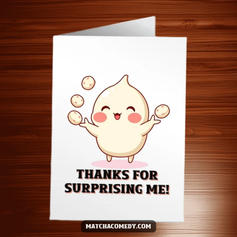 Funny free printable thank you card of a matcha confection in the act of juggling several small mochi pieces.