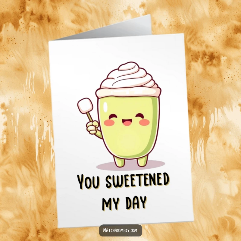 Funny free printable thank you card featuring a matcha latte character pointing excitedly at a floating sugar cube.