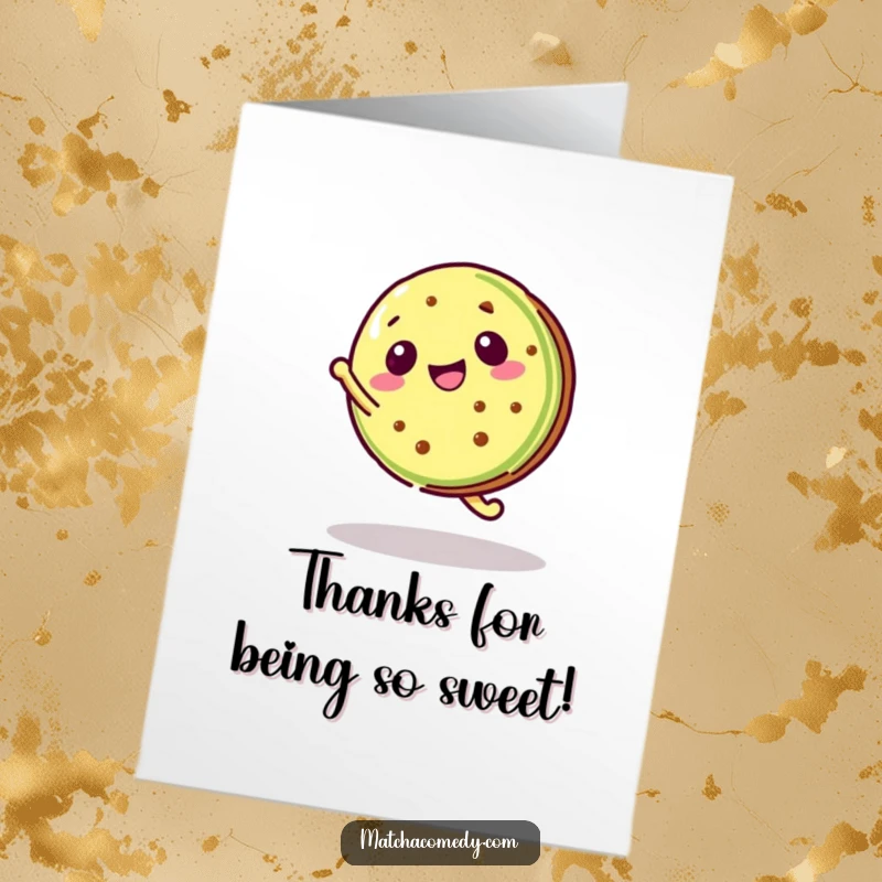 Funny Free Printable Thank You Card: A Kawaii matcha cookie in a lively cartwheel, expressing thanks.