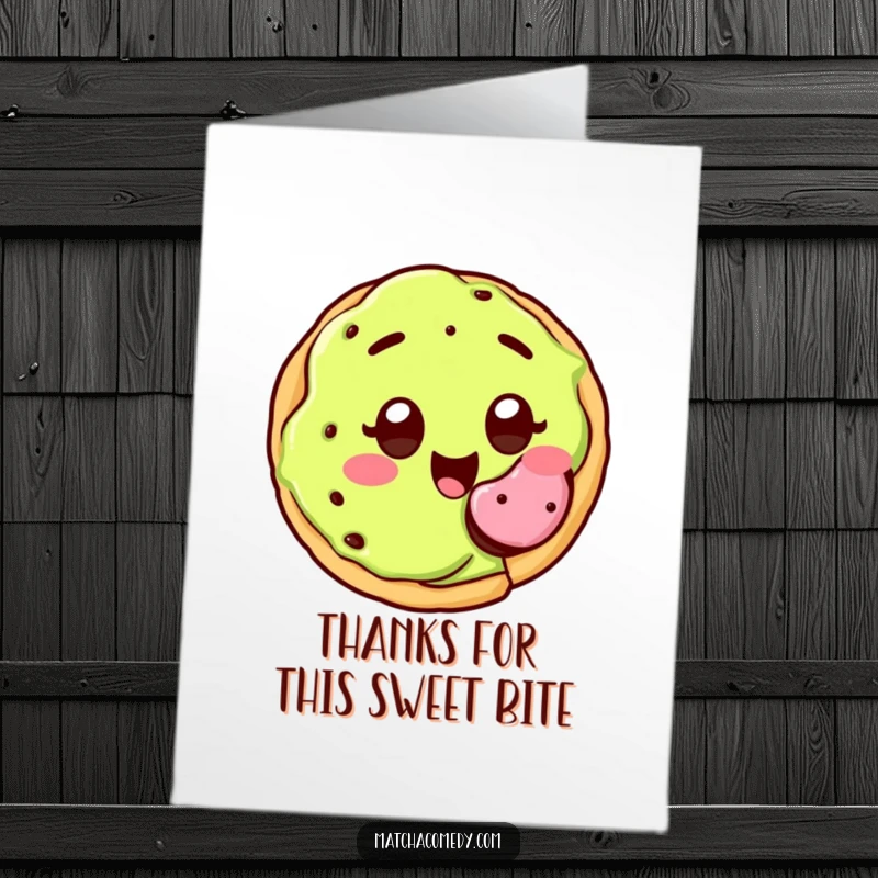 Funny Free Printable Thank You Card: Cute kawaii matcha cookie, wide joyful eyes, offering a yummy bite.