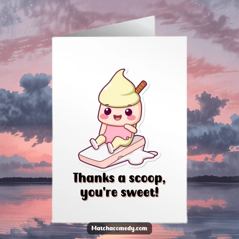 Funny Free Printable Thank You Card: Kawaii matcha ice cream character doing a happy slide, conveying thanks with a sweet gesture.