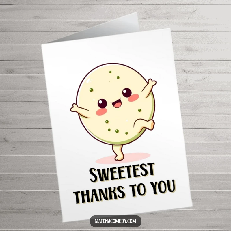 Funny Free Printable Thank You Card: A Kawaii matcha cookie mid-cartwheel, expressing thanks with energetic sweetness.
