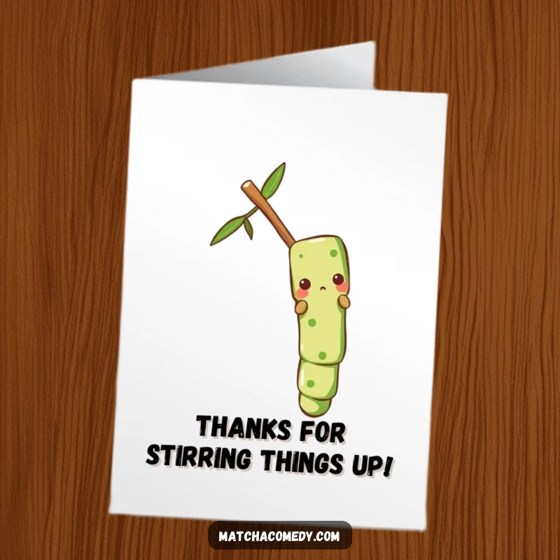 Funny Free Printable Thank You Card: A matcha stir stick slides down a bamboo stalk, playfully offering thanks.