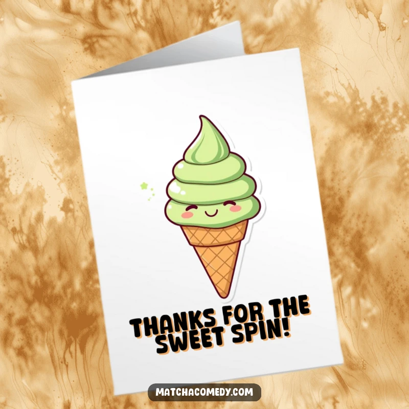 Funny free printable thank you card: A matcha ice cream cone cheerfully spinning, a delightful way to say thanks.
