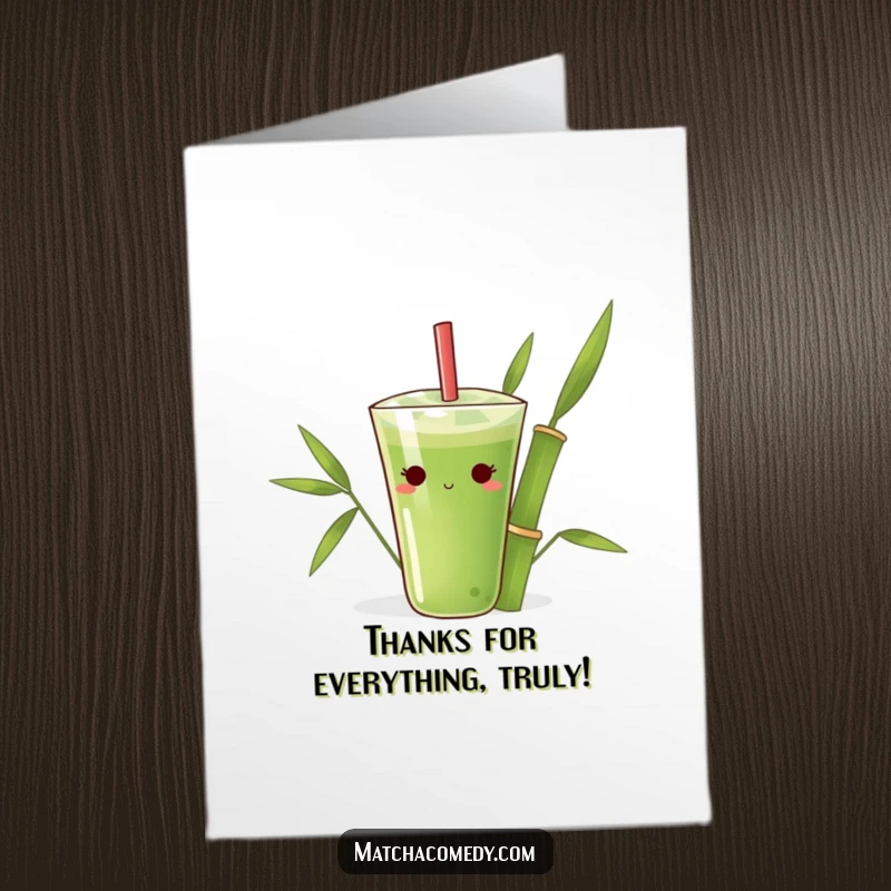 Funny Free Printable Thank You Card: Shy matcha drink character hiding behind a big bamboo leaf, offering heartfelt thanks.