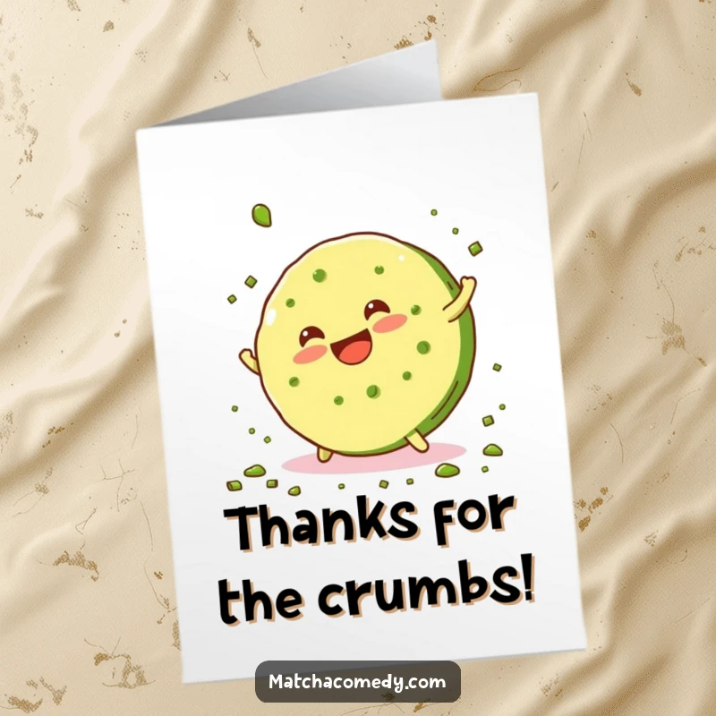 Funny Free Printable Thank You Card: A matcha cookie doing a cartwheel and scattering crumbs, expressing thanks with a playful, energetic gesture.