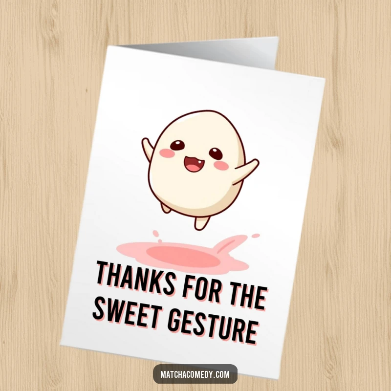 Funny Free Printable Thank You Card: A kawaii matcha mochi leaps with joy, leaving a powdery trail to express thanks.