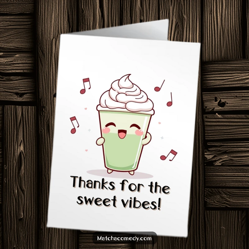 Funny Free Printable Thank You Card: A matcha latte cup rhythmically bopping to music, conveying happy thanks.