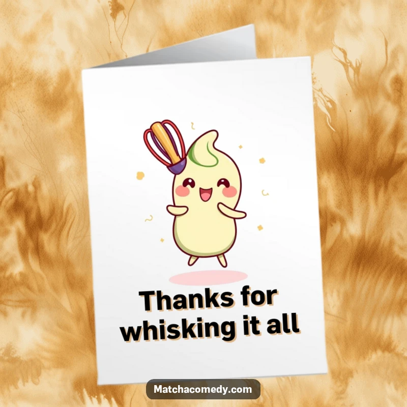 Funny Free Printable thank you card with a kawaii matcha whisk doing a happy dance, conveying joyful appreciation.