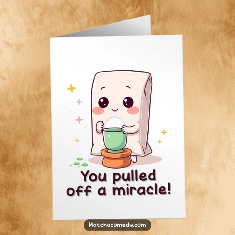 Funny Free Printable Thank You Card: Kawaii matcha powder bag conjuring a thank you with magic sparkles.