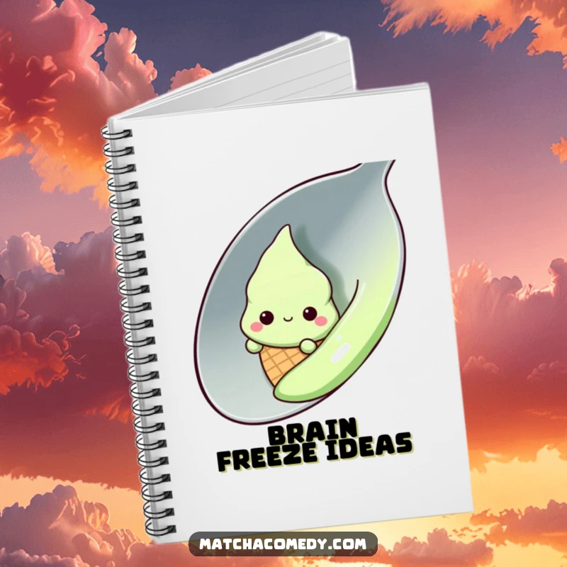 Funny shy kawaii matcha ice cream cone peeking from behind a large spoon, notebook, journal, cute, writing, gift.