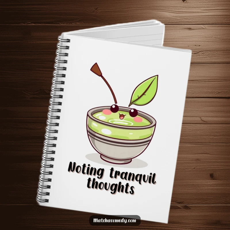 Funny Kawaii Matcha Bowl Notebook: Lined pages inside, featuring a cute character amused by a floating leaf.